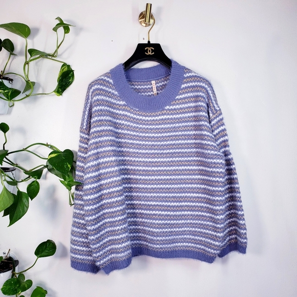 NWT Anthropologie Sweater SMALL Oversized Blue White Boho Baggy Chunky Striped - Picture 3 of 12